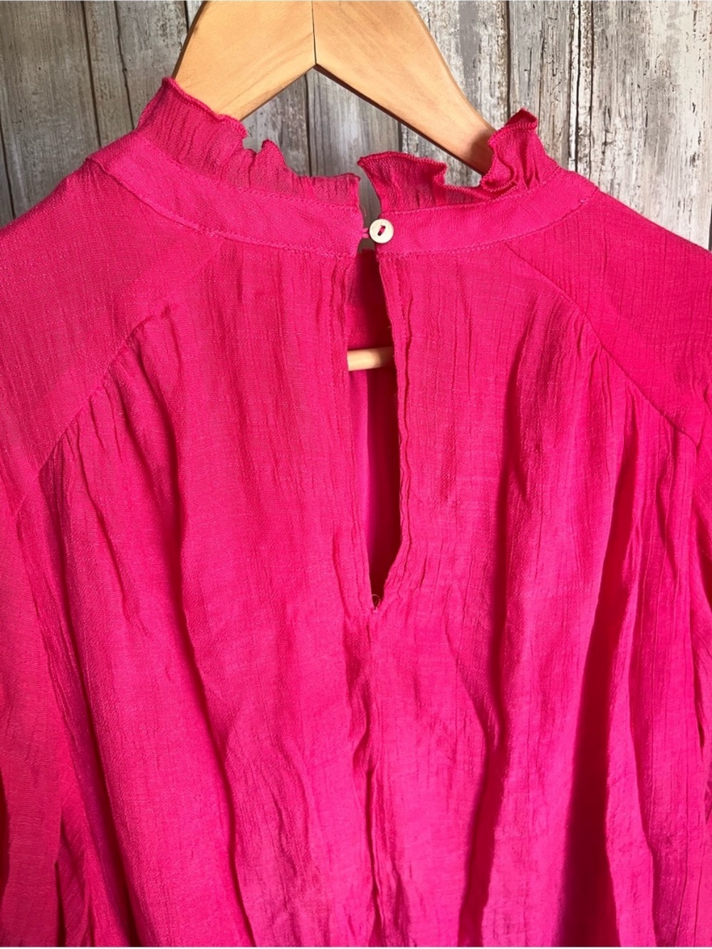 Jodifl Fuchsia Ruffle Neck Blouse Balloon Sleeve Top Large Boho Boutique - Picture 5 of 6